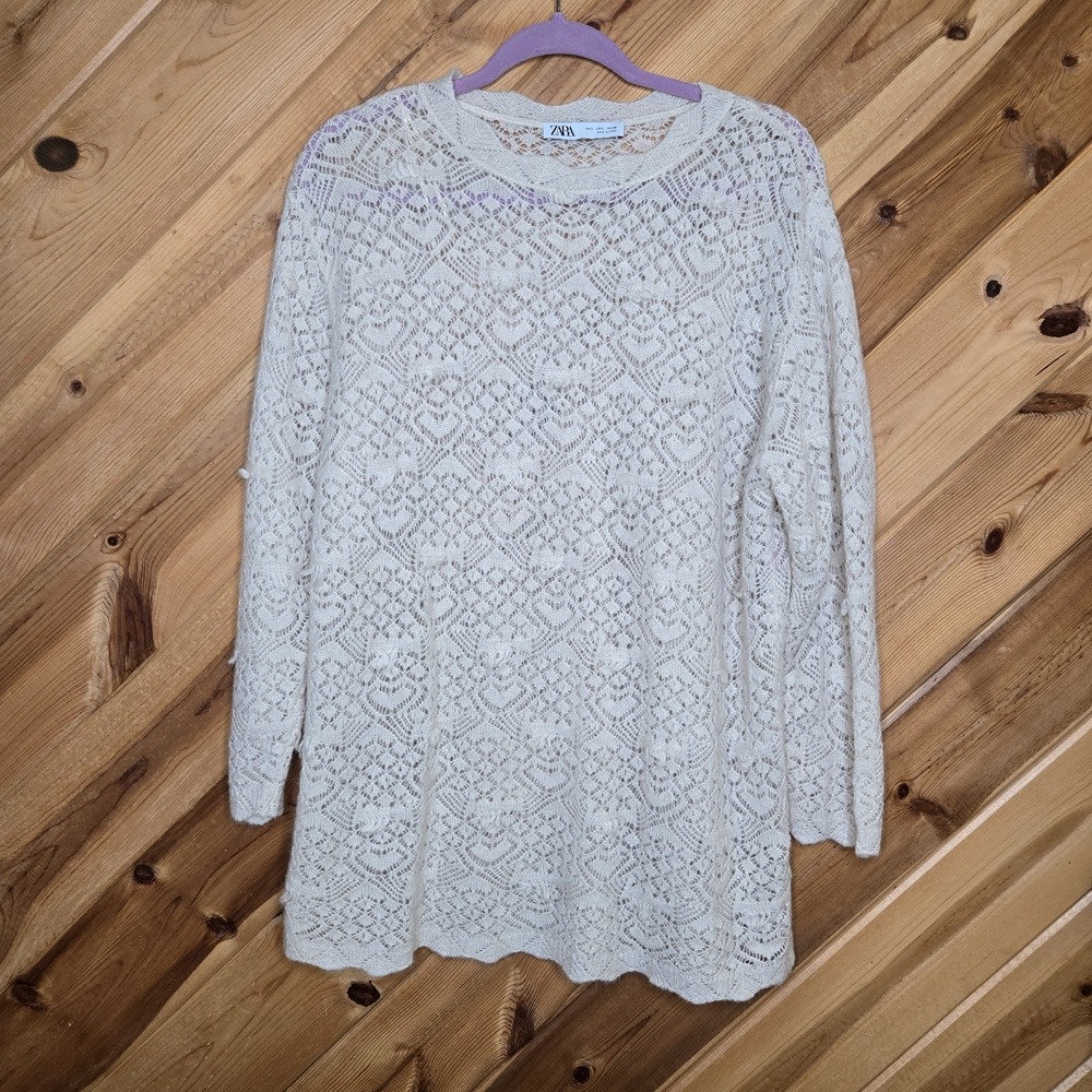 Zara Open Knit Heart Beige‎ Sweater Large Alpaca Wool Nylon Blend